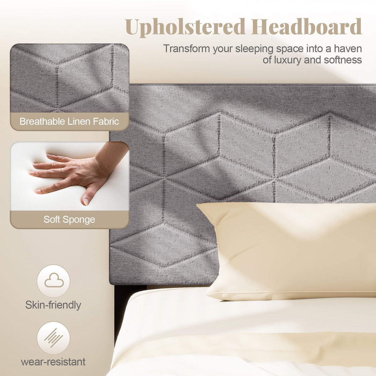 Twin/Full/Queen Size Bed Frame Modern Platform Bed with Linen Fabric Upholstered Headboard-Full view 9