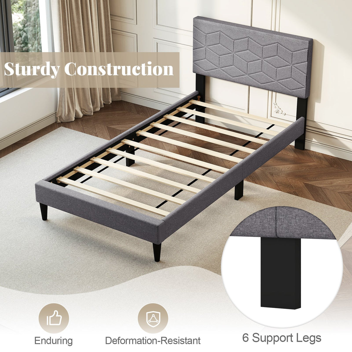 Twin/Full/Queen Size Bed Frame Modern Platform Bed with Linen Fabric Upholstered Headboard-Twin view 7