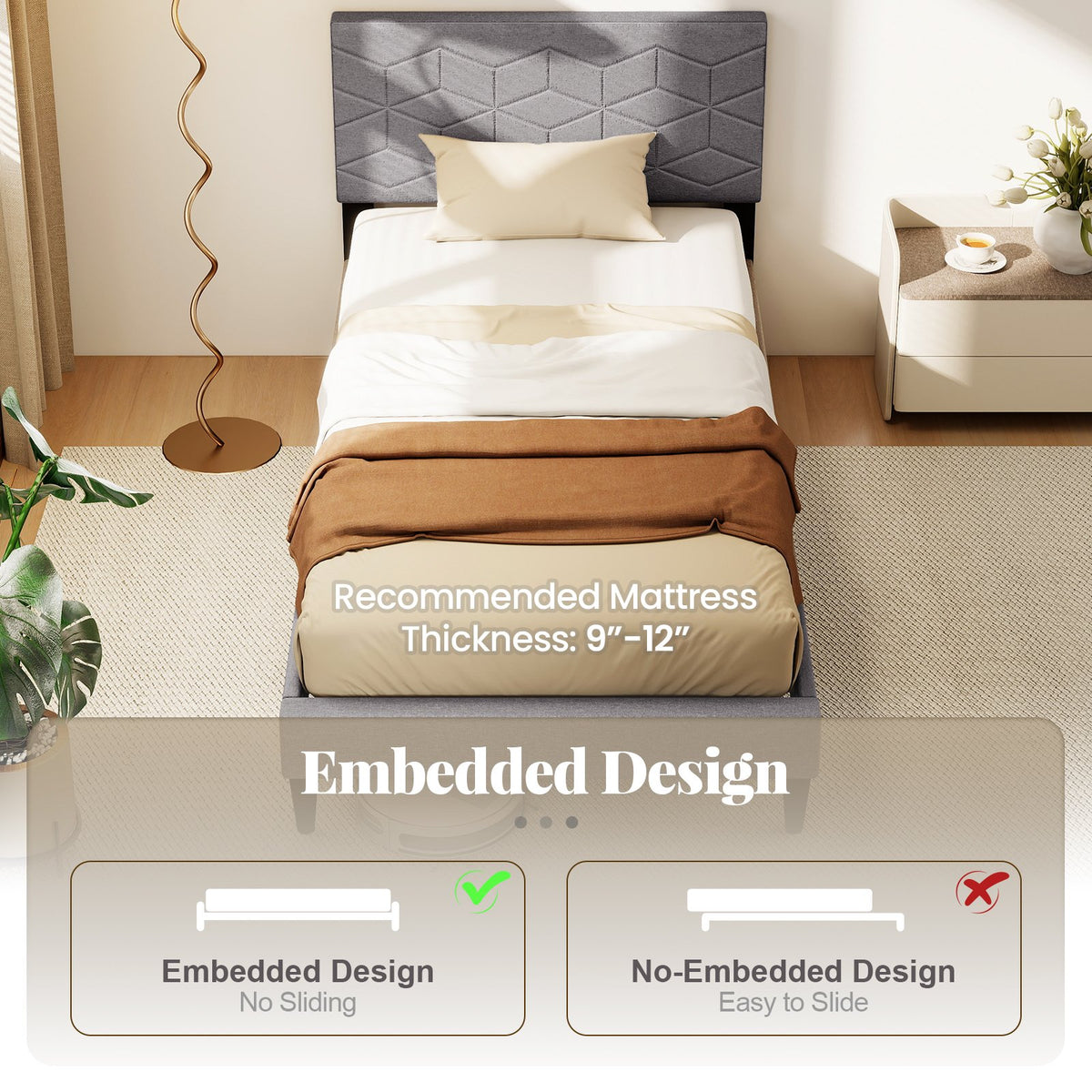 Twin/Full/Queen Size Bed Frame Modern Platform Bed with Linen Fabric Upholstered Headboard-Twin view 9