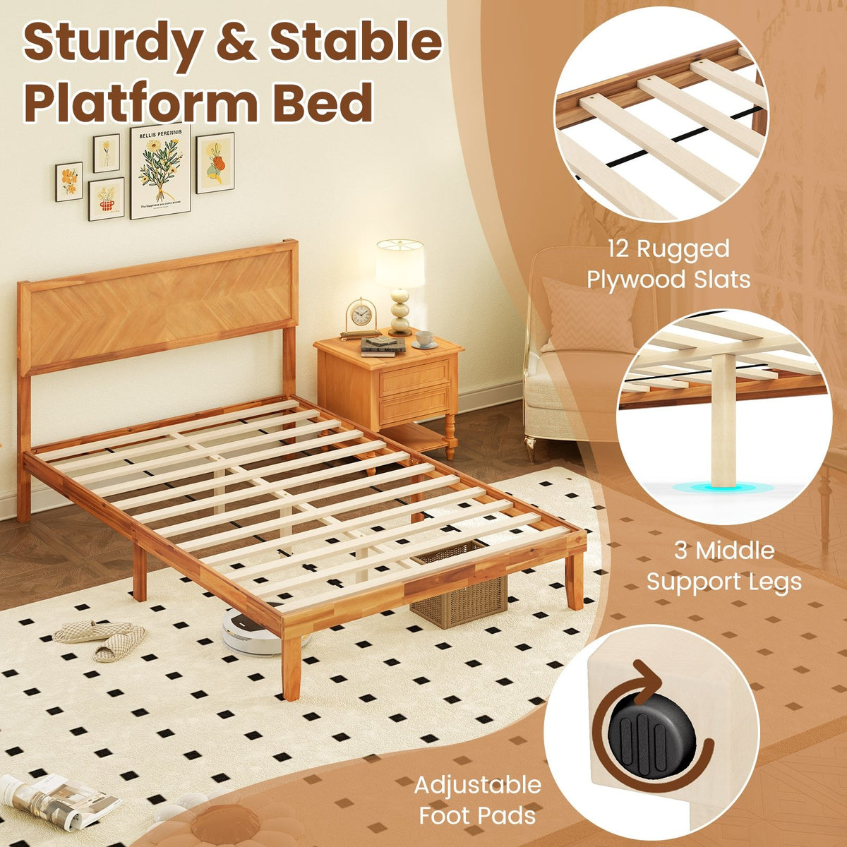 Twin/Full/Queen Size Bed Frame with Headboard and Storage Space-Full Size view 6