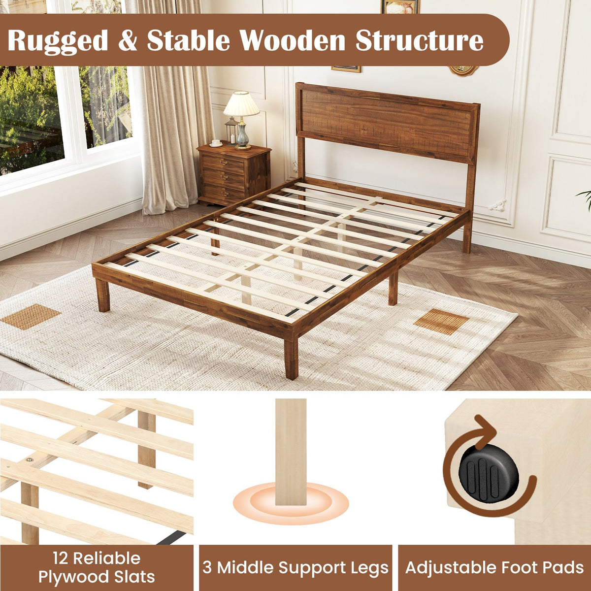 Twin/Full/Queen Size Bed Frame with Headboard and Wooden Slats Support-Full Size view 6
