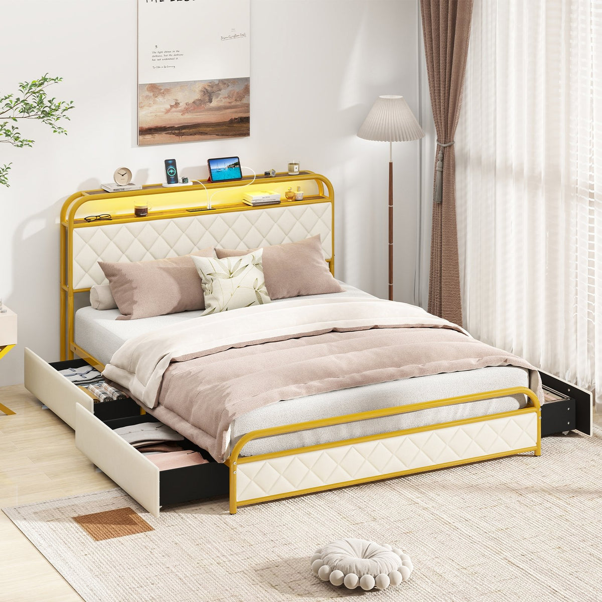 Twin/Full/Queen Size Bed Frame with LED Lights and Charging Station Gold-Queen Size view 2