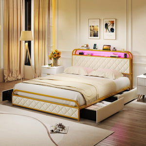 Twin/Full/Queen Size Bed Frame with LED Lights and Charging Station Gold-Queen Size view 3