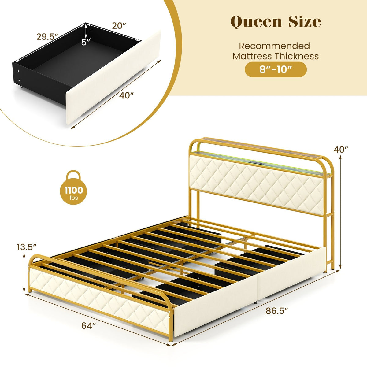 Twin/Full/Queen Size Bed Frame with LED Lights and Charging Station Gold-Queen Size view 4