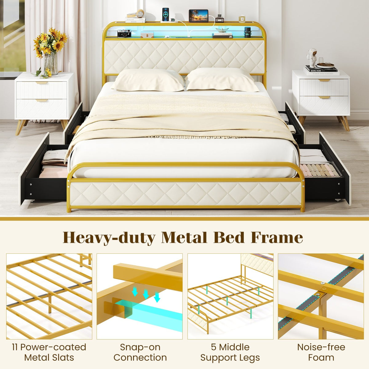 Twin/Full/Queen Size Bed Frame with LED Lights and Charging Station Gold-Queen Size view 6