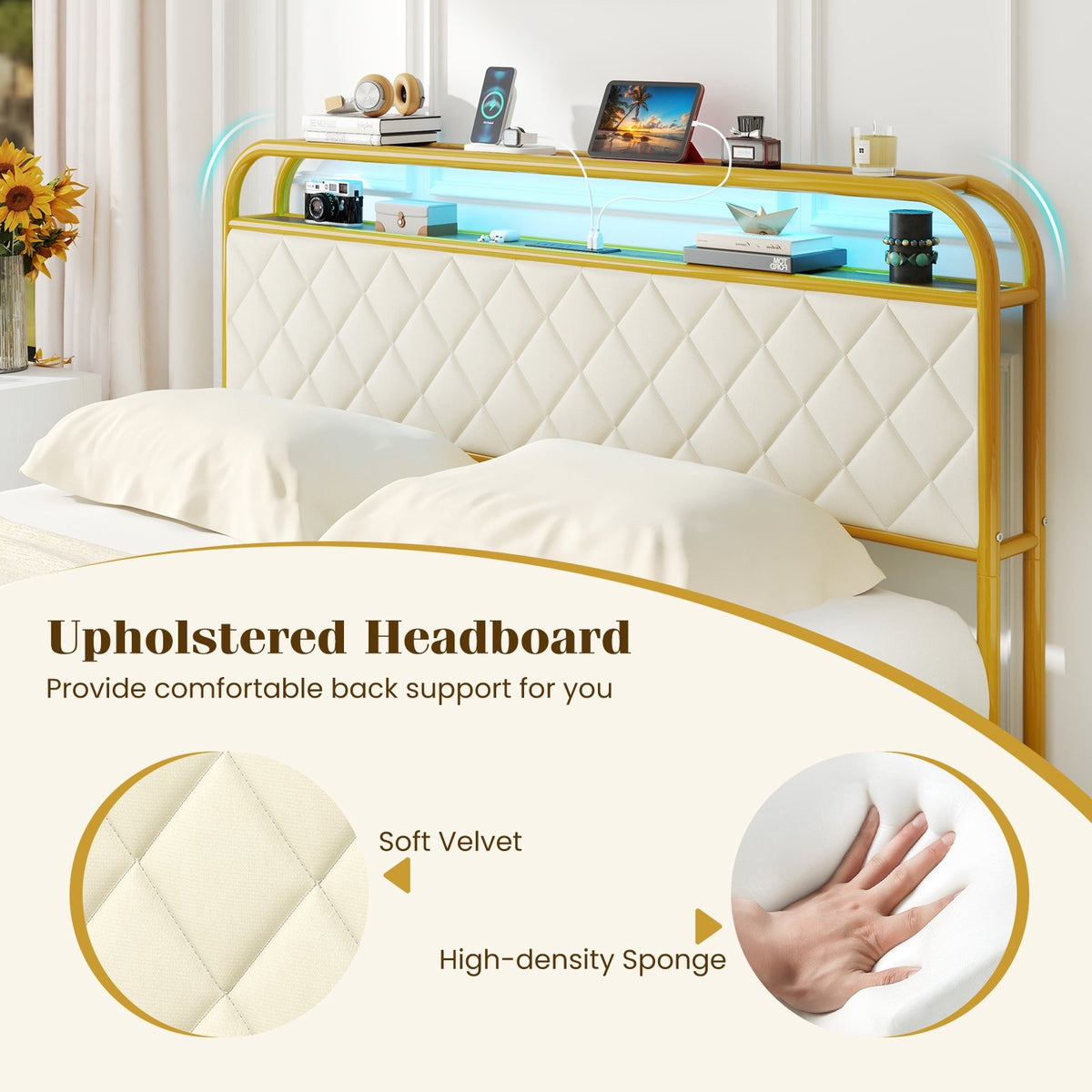 Twin/Full/Queen Size Bed Frame with LED Lights and Charging Station Gold-Queen Size view 7