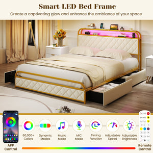 Twin/Full/Queen Size Bed Frame with LED Lights and Charging Station Gold-Queen Size view 8