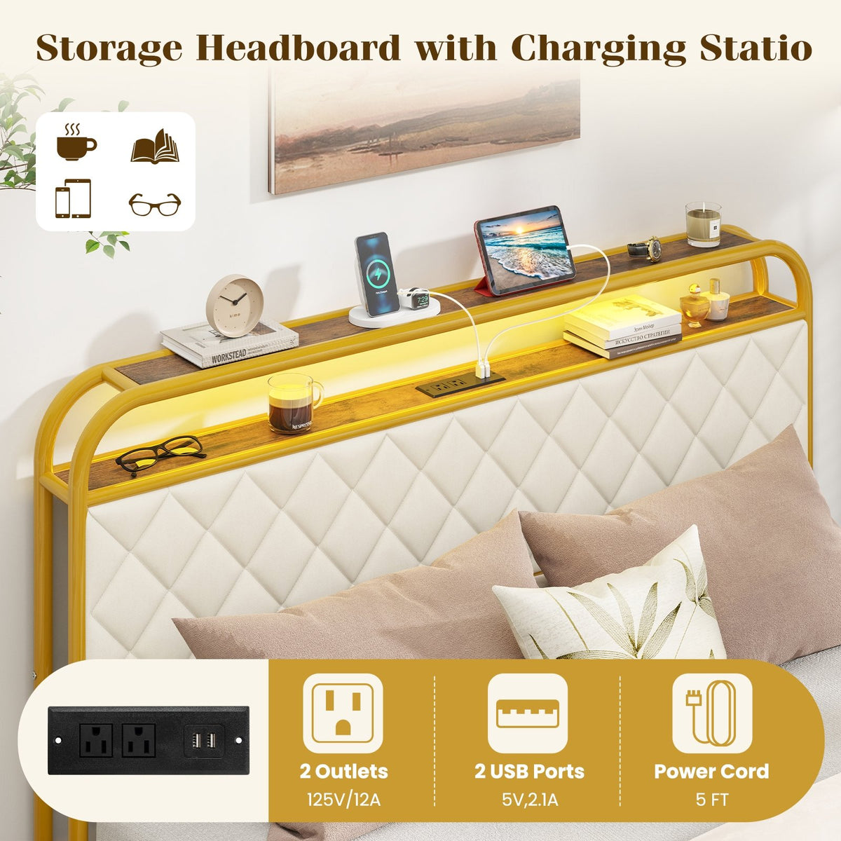 Twin/Full/Queen Size Bed Frame with LED Lights and Charging Station Gold-Queen Size view 9