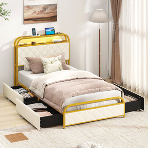 Twin/Full/Queen Size Bed Frame with LED Lights and Charging Station Gold-Twin Size view 2