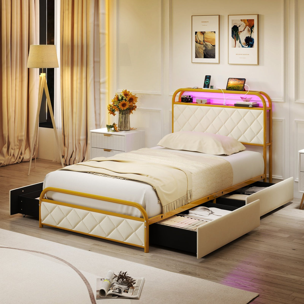 Twin/Full/Queen Size Bed Frame with LED Lights and Charging Station Gold-Twin Size view 3