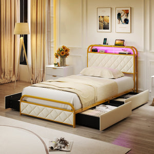 Twin/Full/Queen Size Bed Frame with LED Lights and Charging Station Gold-Twin Size view 3