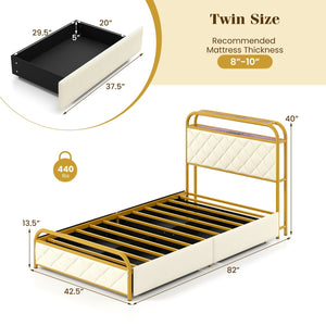 Twin/Full/Queen Size Bed Frame with LED Lights and Charging Station Gold-Twin Size view 4