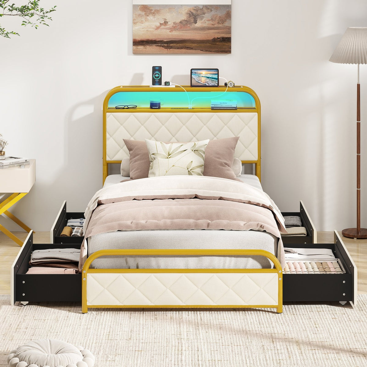 Twin/Full/Queen Size Bed Frame with LED Lights and Charging Station Gold-Twin Size view 5