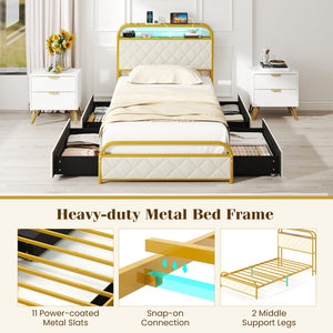 Twin/Full/Queen Size Bed Frame with LED Lights and Charging Station Gold-Twin Size view 6