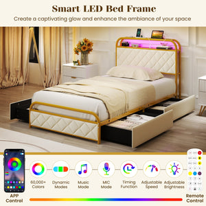 Twin/Full/Queen Size Bed Frame with LED Lights and Charging Station Gold-Twin Size view 8
