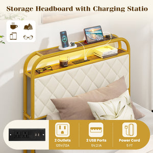 Twin/Full/Queen Size Bed Frame with LED Lights and Charging Station Gold-Twin Size view 9