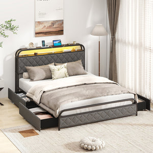 Twin/Full/Queen Size Bed Frame with LED Lights and Charging Station-Queen Size view 2