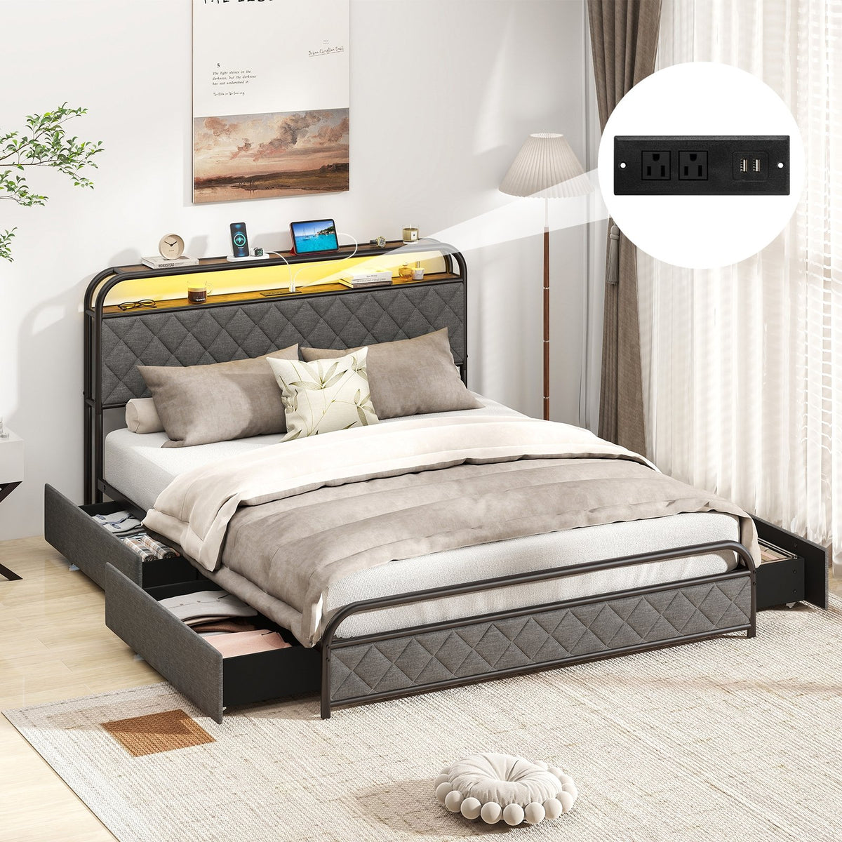 Twin/Full/Queen Size Bed Frame with LED Lights and Charging Station-Queen Size view 3