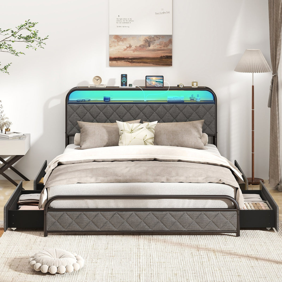 Twin/Full/Queen Size Bed Frame with LED Lights and Charging Station-Queen Size view 5