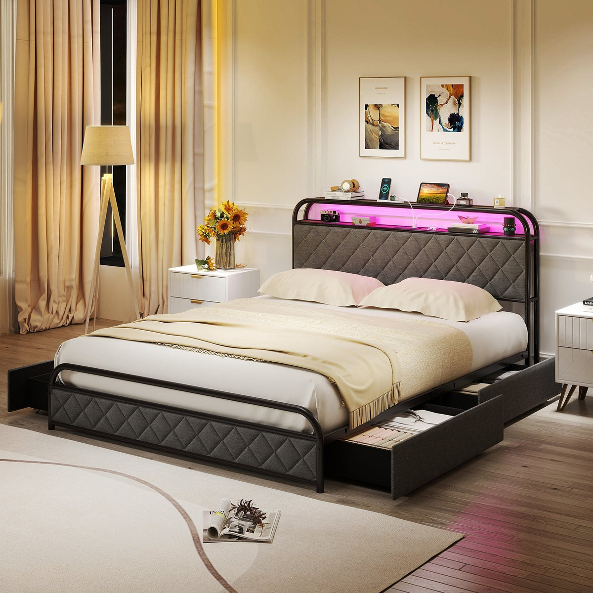 Twin/Full/Queen Size Bed Frame with LED Lights and Charging Station-Queen Size view 6