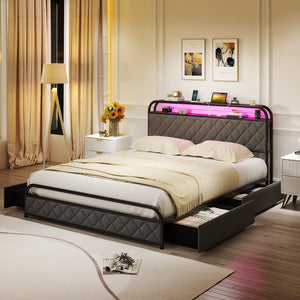 Twin/Full/Queen Size Bed Frame with LED Lights and Charging Station-Queen Size view 6