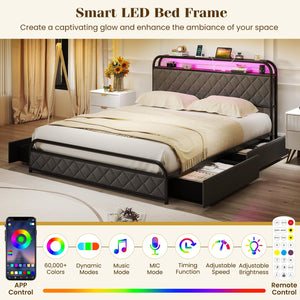 Twin/Full/Queen Size Bed Frame with LED Lights and Charging Station-Queen Size view 9