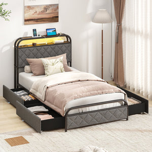 Twin/Full/Queen Size Bed Frame with LED Lights and Charging Station-Twin Size view 2
