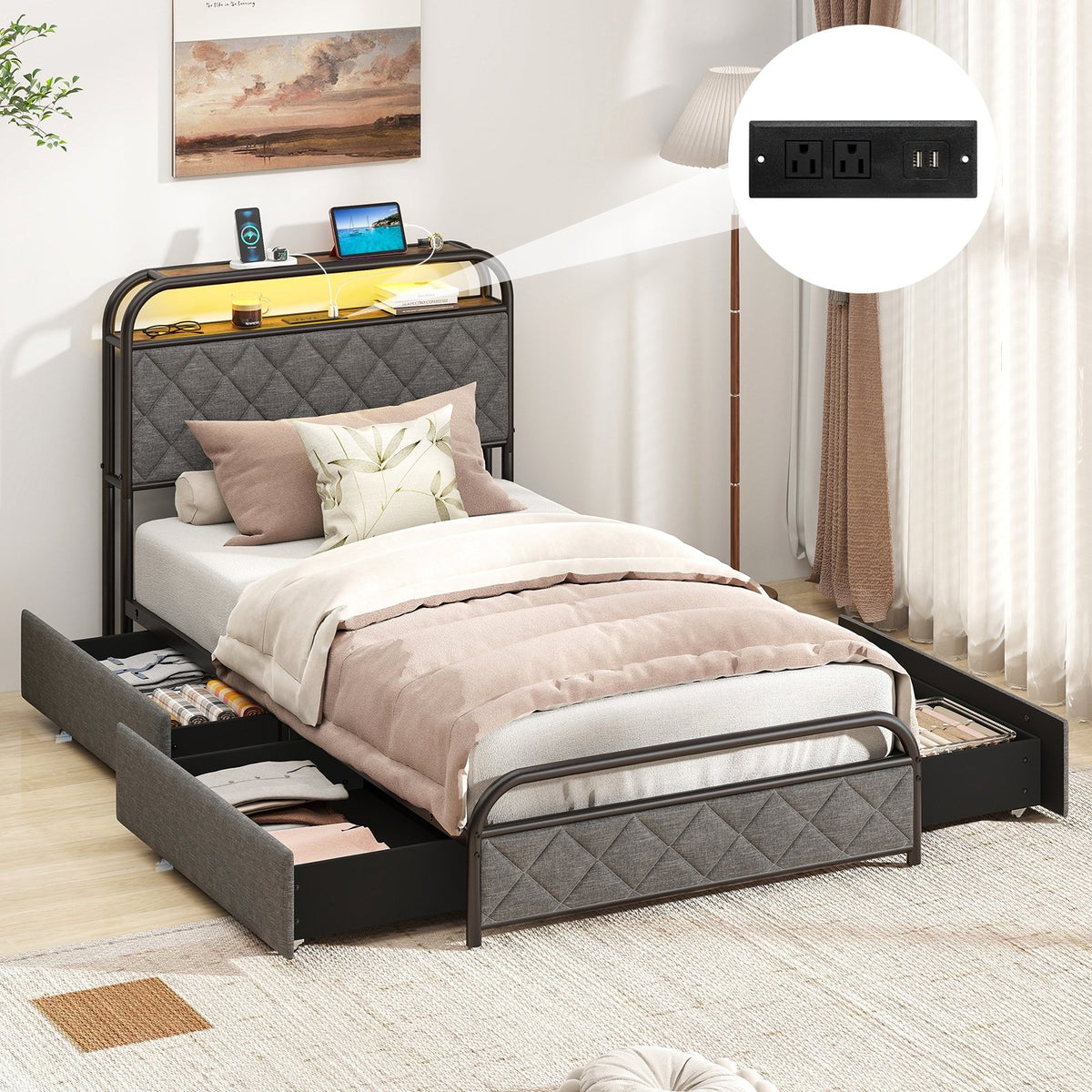 Twin/Full/Queen Size Bed Frame with LED Lights and Charging Station-Twin Size view 3