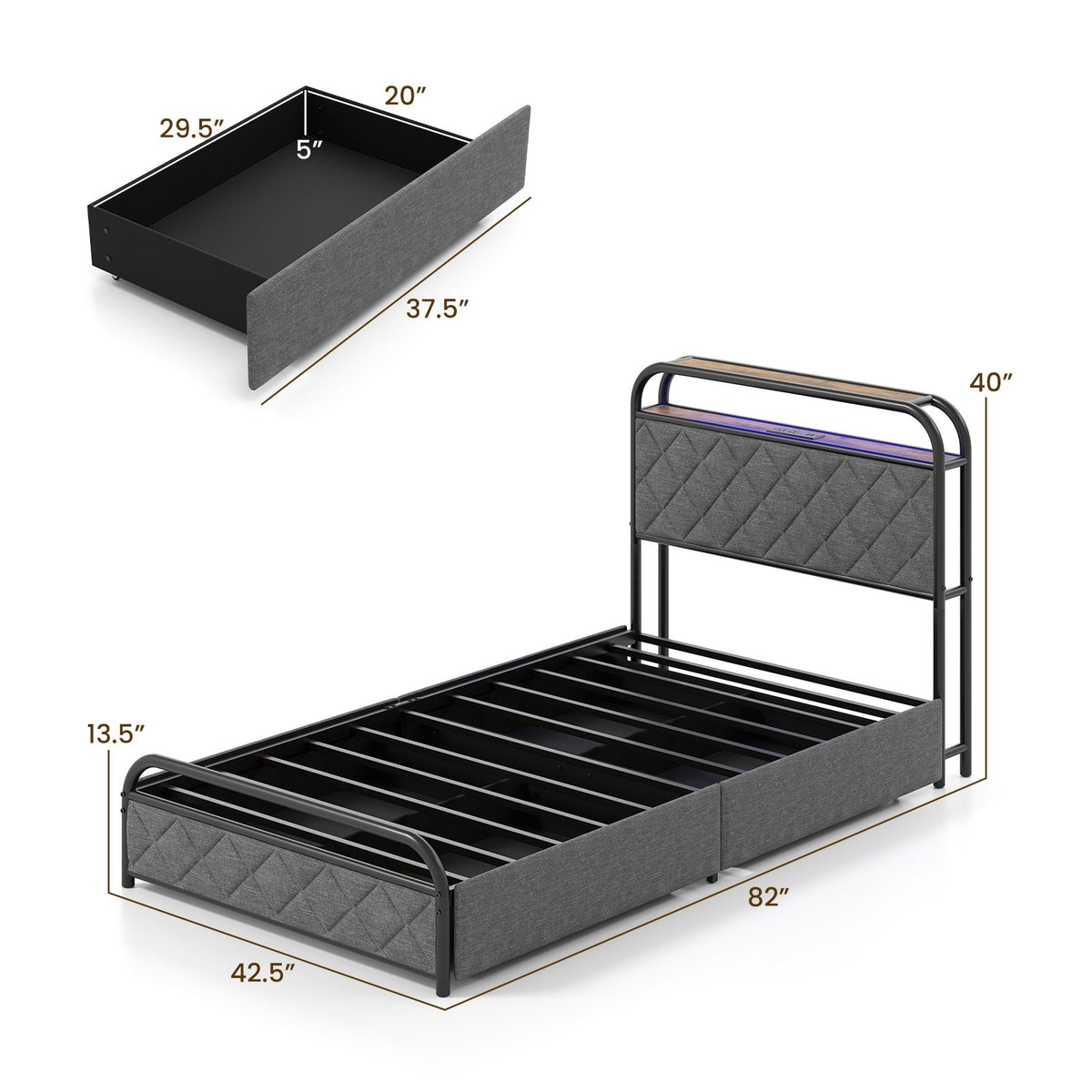 Twin/Full/Queen Size Bed Frame with LED Lights and Charging Station-Twin Size view 4