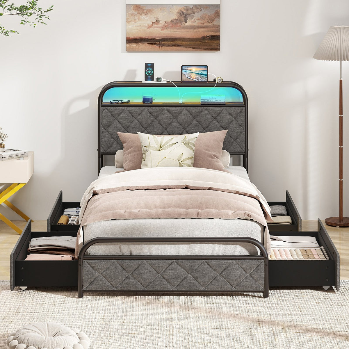 Twin/Full/Queen Size Bed Frame with LED Lights and Charging Station-Twin Size view 5