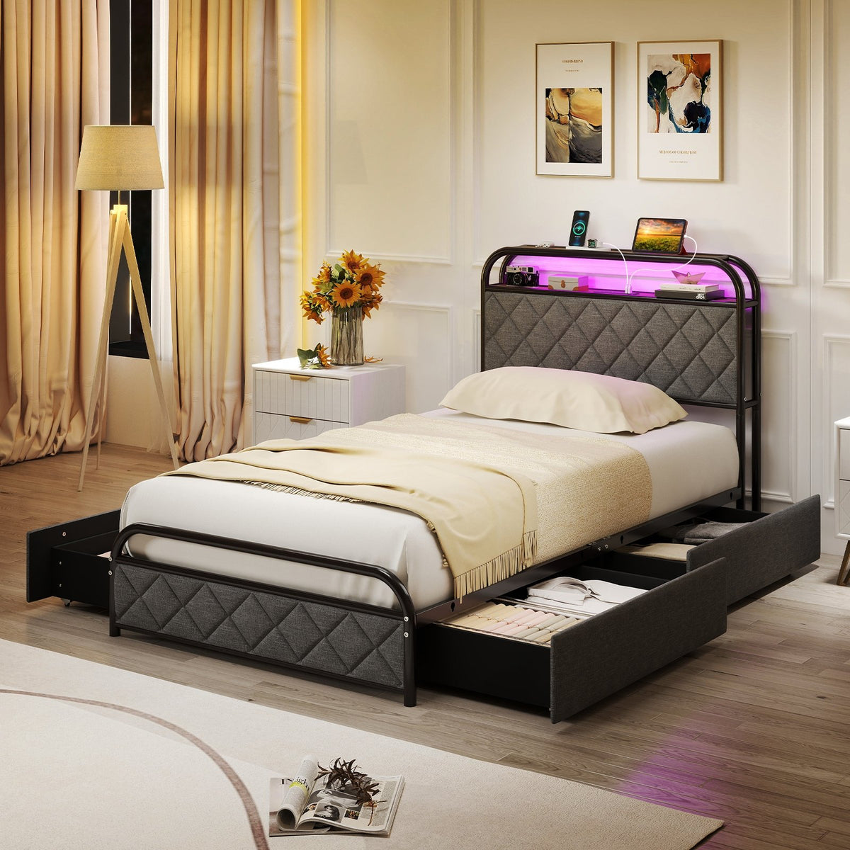 Twin/Full/Queen Size Bed Frame with LED Lights and Charging Station-Twin Size view 6