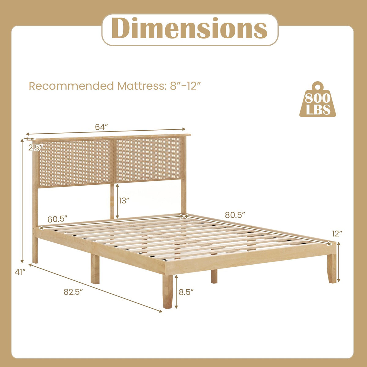 Twin/Full/Queen Size Bed Frame with Rattan Headboard-Queen Size view 4