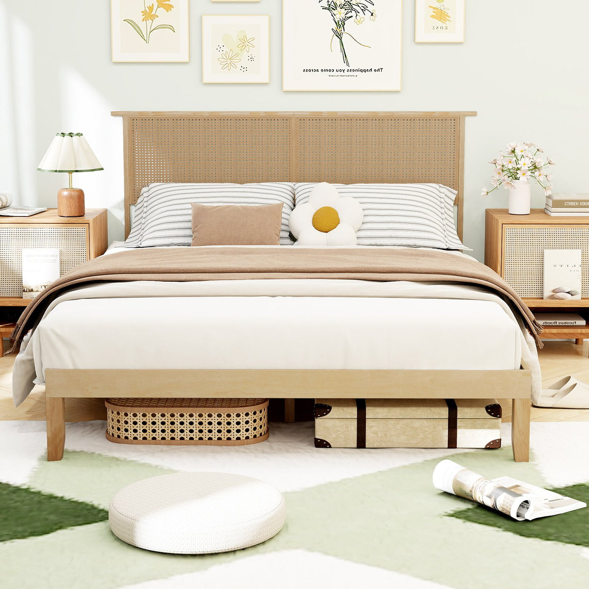 Twin/Full/Queen Size Bed Frame with Rattan Headboard-Queen Size view 5