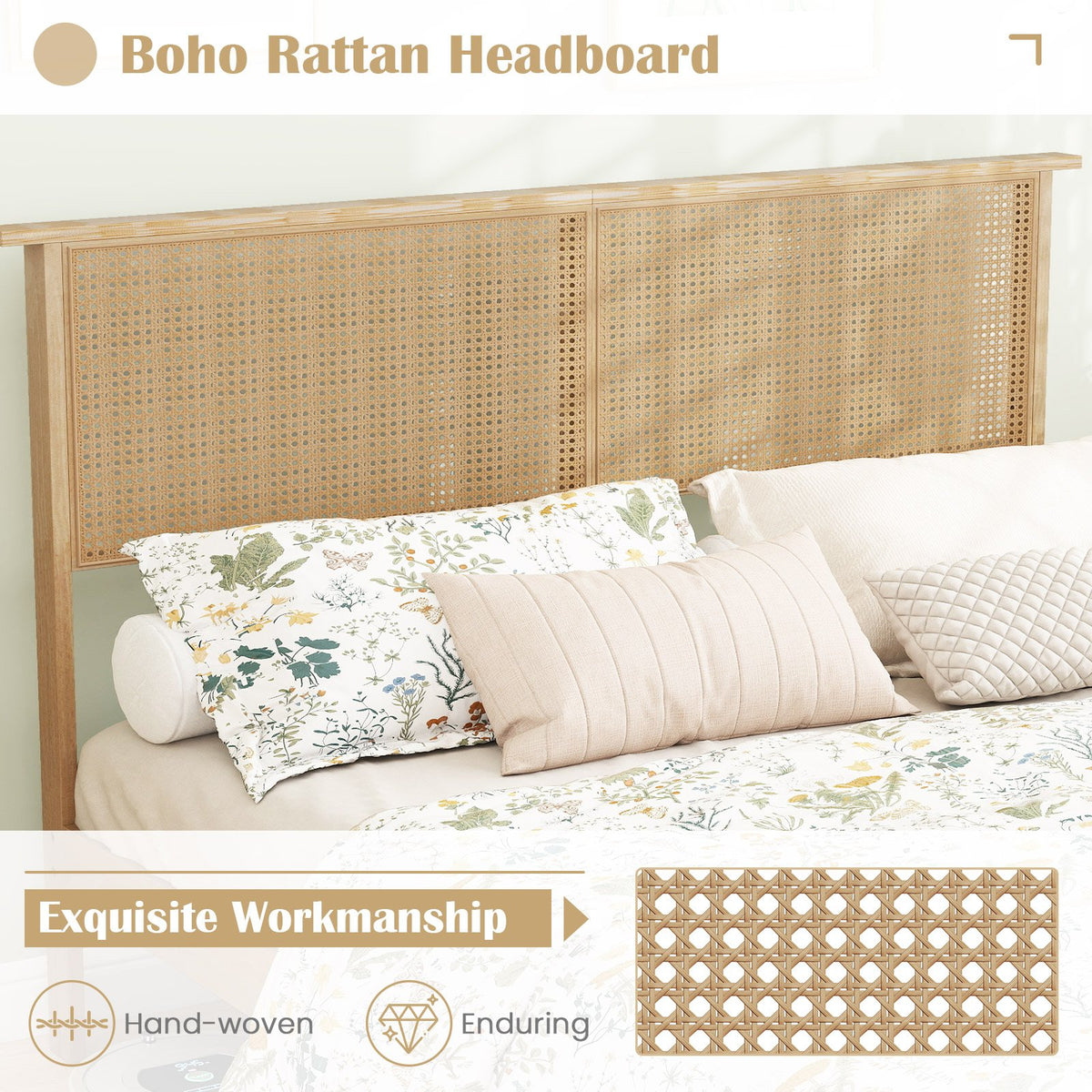 Twin/Full/Queen Size Bed Frame with Rattan Headboard-Queen Size view 6
