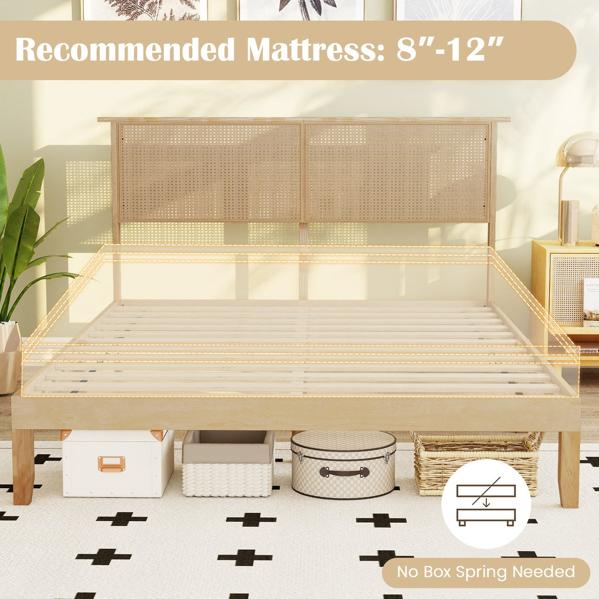 Twin/Full/Queen Size Bed Frame with Rattan Headboard-Queen Size view 9