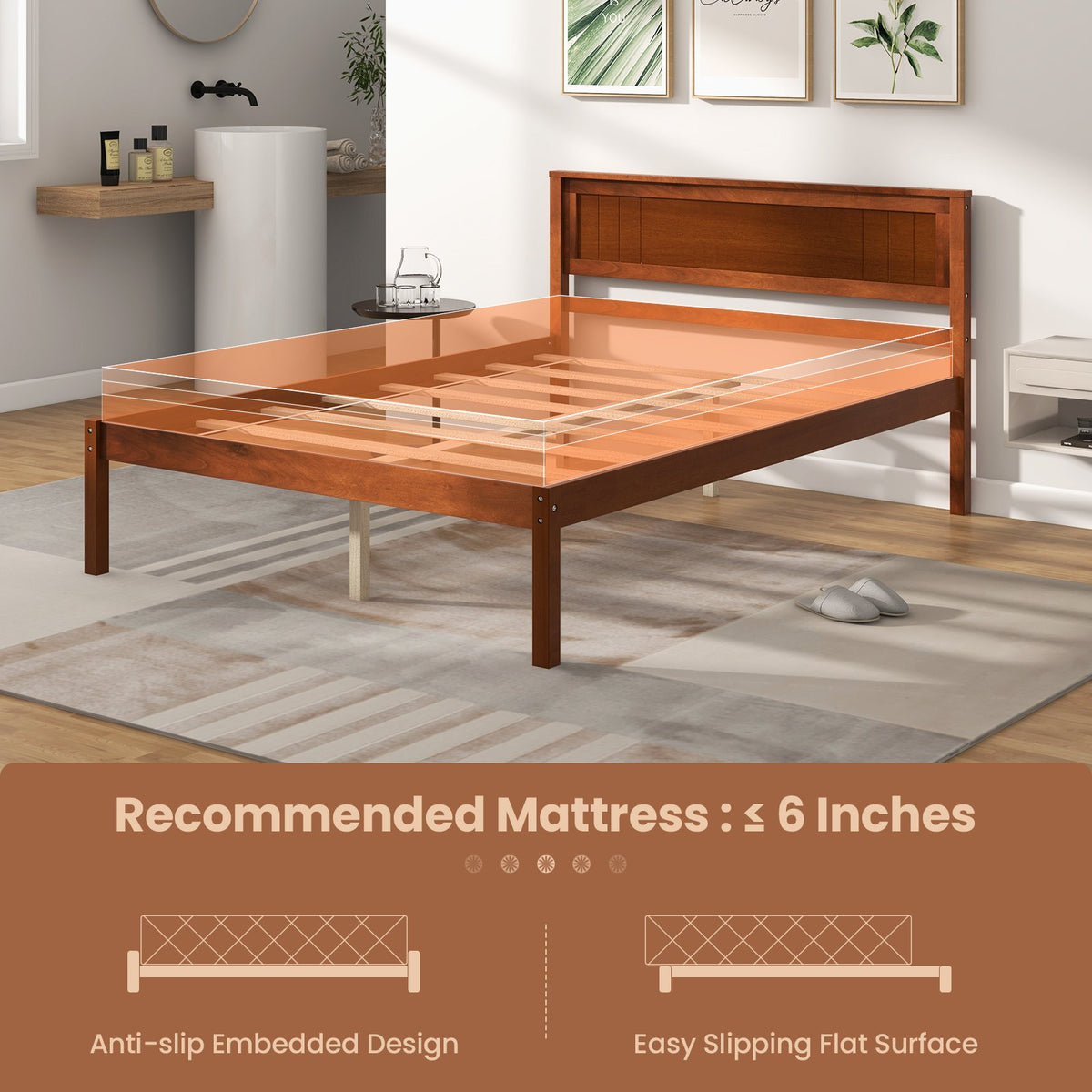 Twin/Full/Queen Size Bed Frame with Wooden Headboard and Slat Support-Full Size view 6