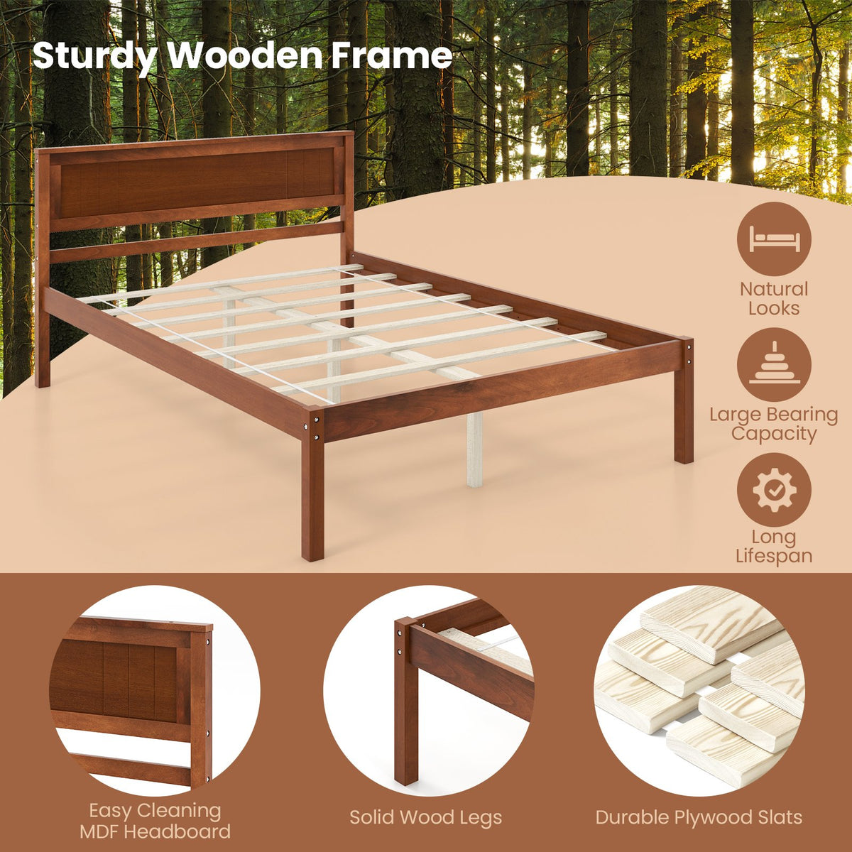 Twin/Full/Queen Size Bed Frame with Wooden Headboard and Slat Support-Full Size view 7