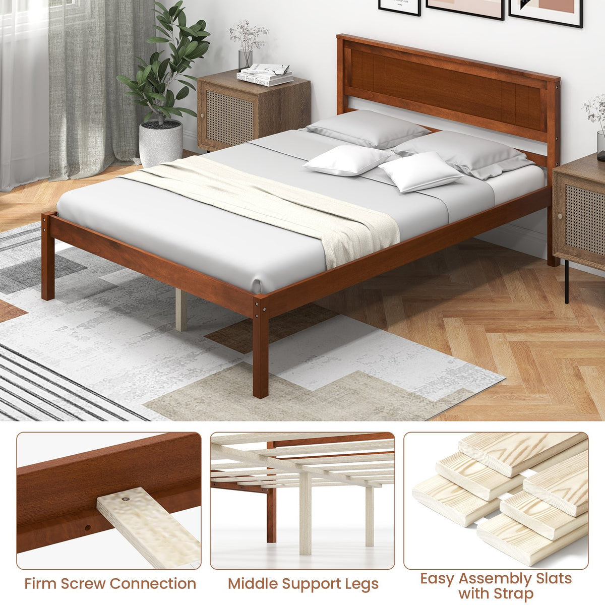 Twin/Full/Queen Size Bed Frame with Wooden Headboard and Slat Support-Full Size view 9