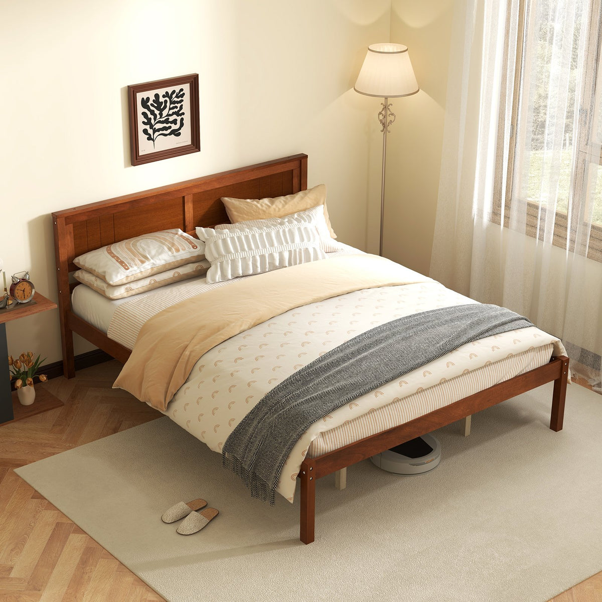 Twin/Full/Queen Size Bed Frame with Wooden Headboard and Slat Support-Queen Size view 2