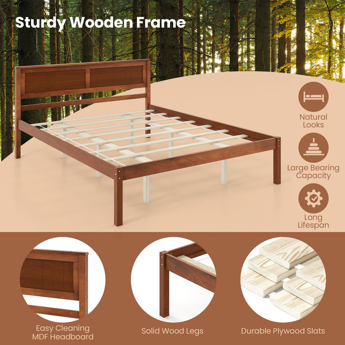 Twin/Full/Queen Size Bed Frame with Wooden Headboard and Slat Support-Queen Size view 7