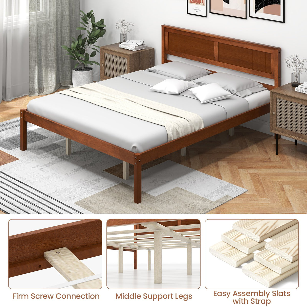 Twin/Full/Queen Size Bed Frame with Wooden Headboard and Slat Support-Queen Size view 9