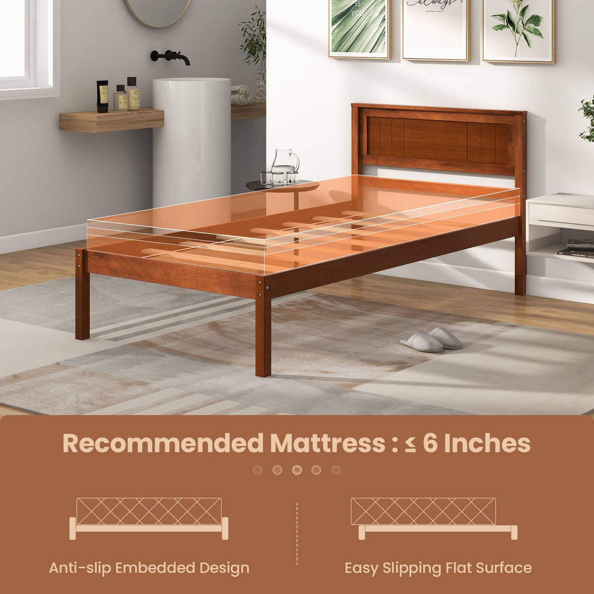Twin/Full/Queen Size Bed Frame with Wooden Headboard and Slat Support-Twin Size view 6