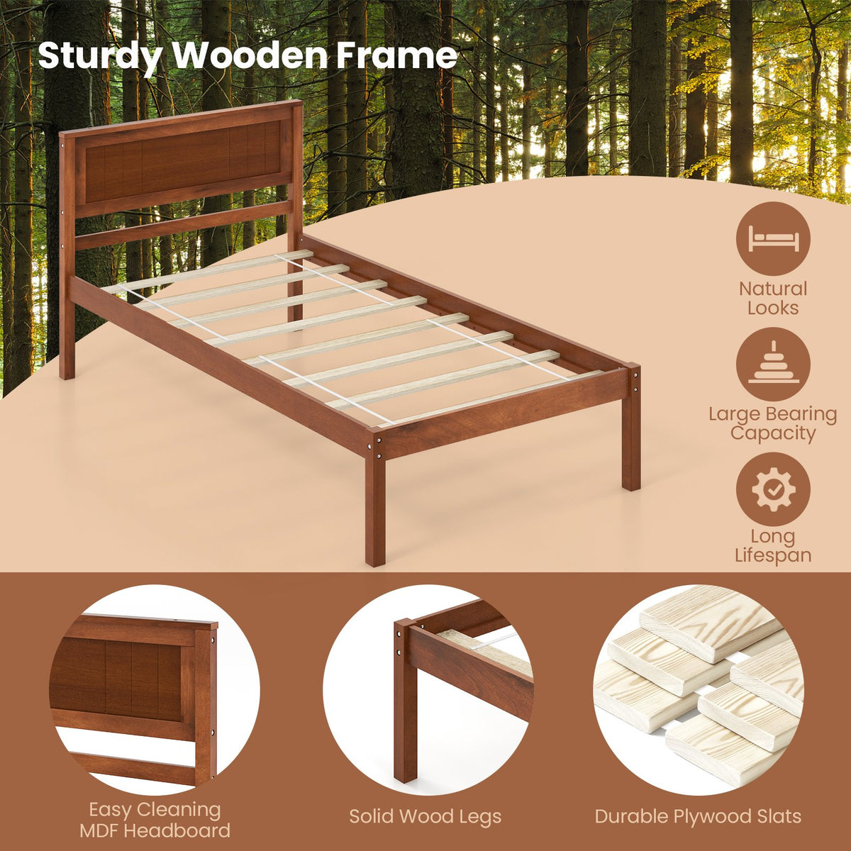 Twin/Full/Queen Size Bed Frame with Wooden Headboard and Slat Support-Twin Size view 7