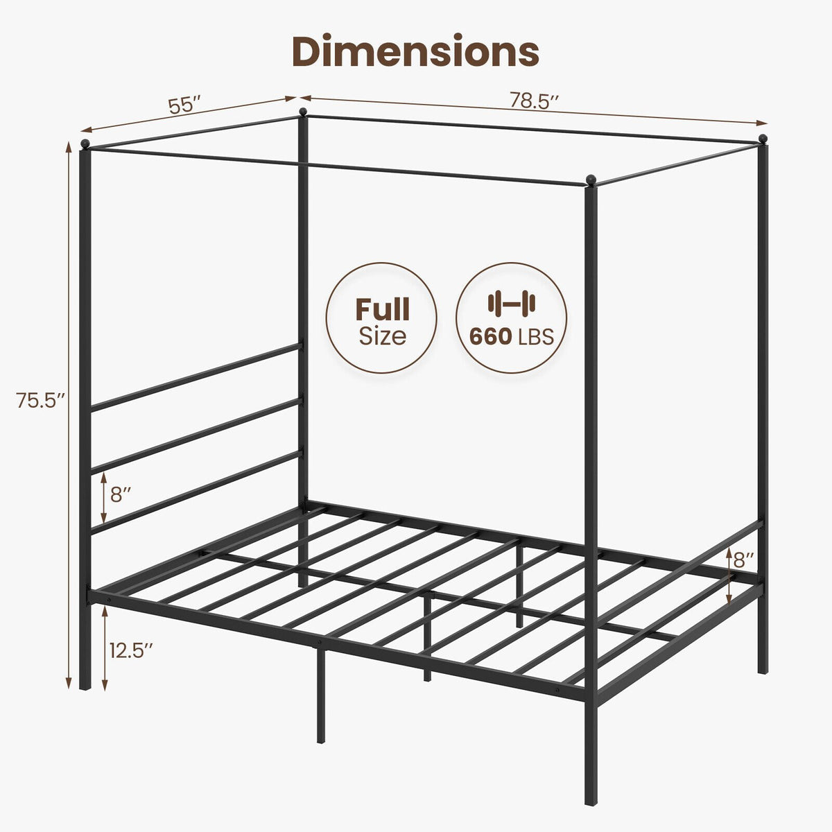 Twin/Full/Queen Size Metal Canopy Bed Frame with Slat Support-Full Size view 4