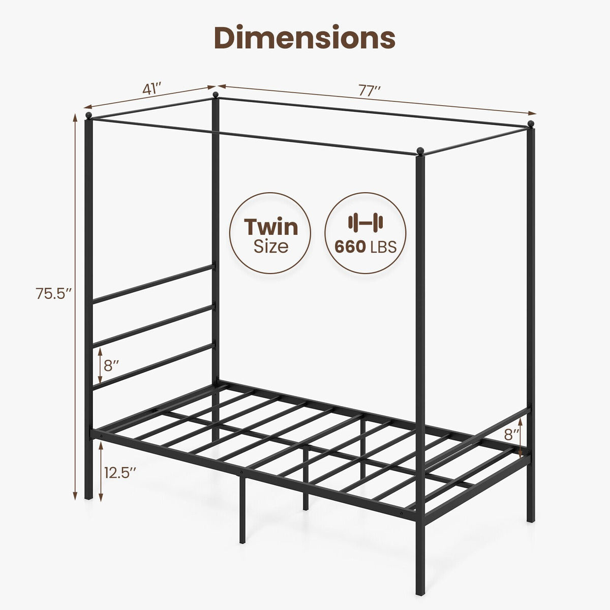 Twin/Full/Queen Size Metal Canopy Bed Frame with Slat Support-Twin Size view 4