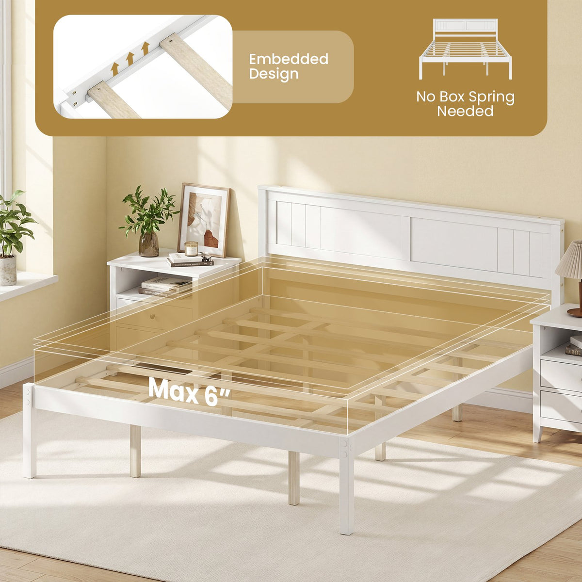 Twin/Full/Queen Size Sturdy Wooden Bed Frame with Headboard and Slat Support-Queen Size view 8
