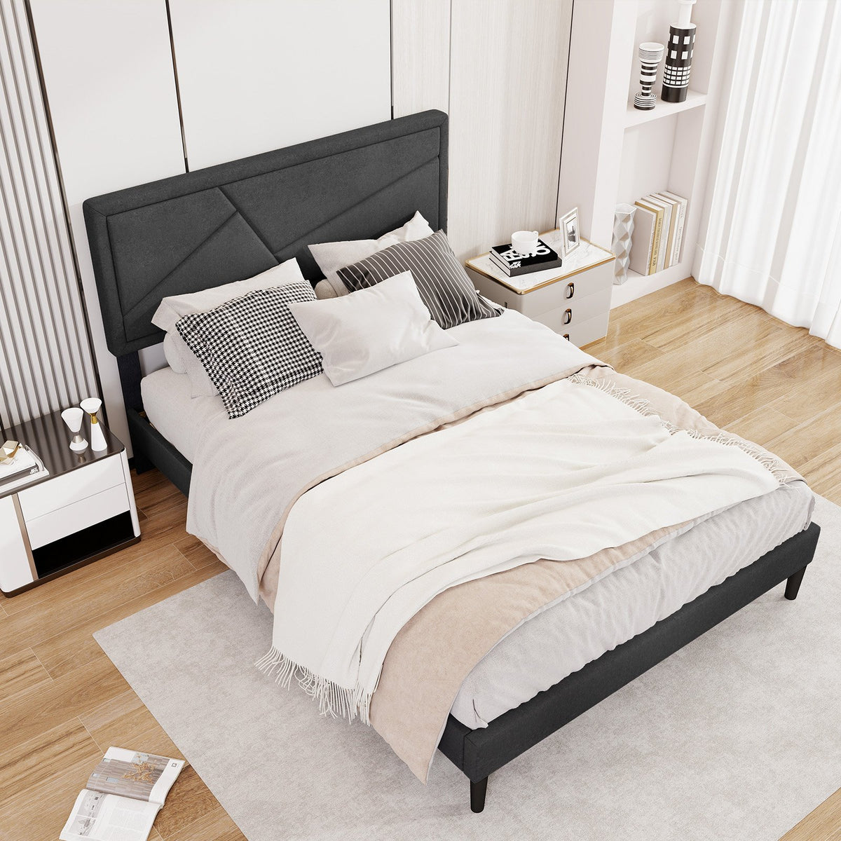 Twin/Full/Queen Size Upholstered Platform Bed Frame with High Headboard-Full Size view 3