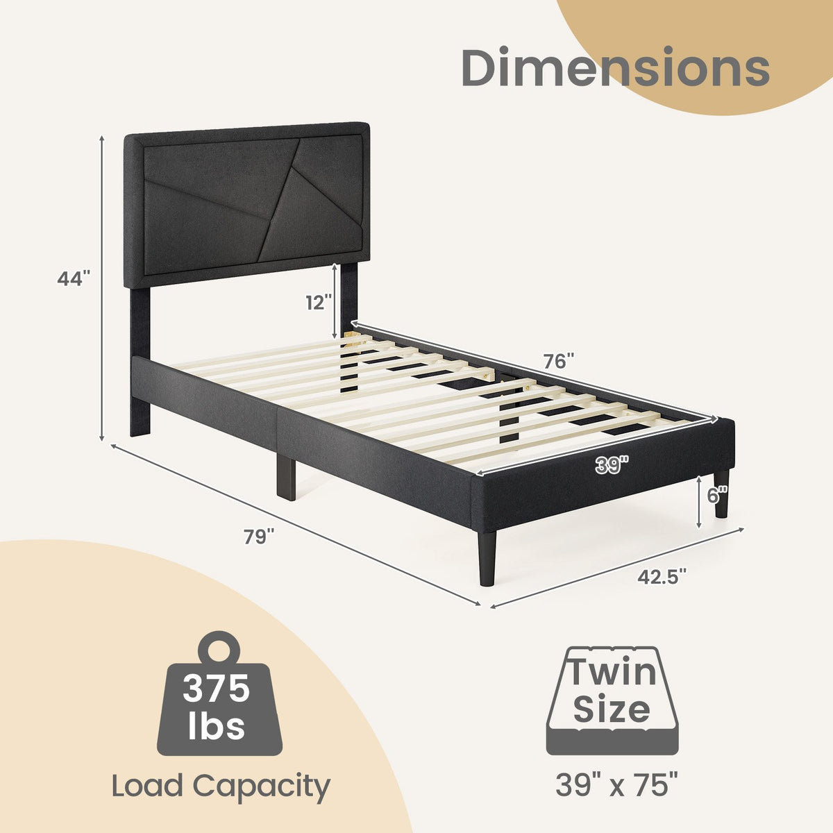 Twin/Full/Queen Size Upholstered Platform Bed Frame with High Headboard-Twin view 4