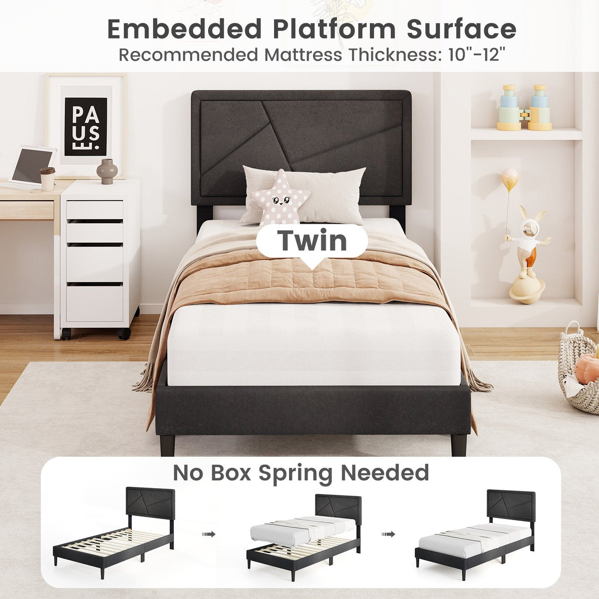Twin/Full/Queen Size Upholstered Platform Bed Frame with High Headboard-Twin view 7