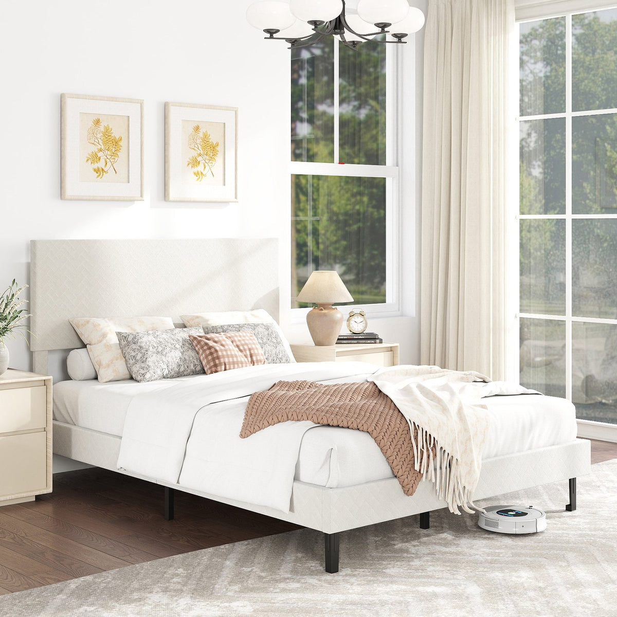 Twin/Full/Queen Size Velvet Bed Frame Upholstered Platform Bed with Chevron Headboard Beige-Full view 2